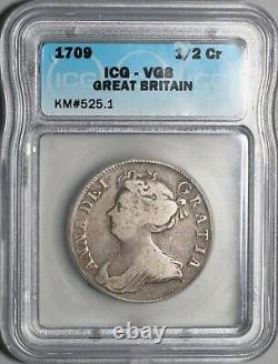 1709 ICG VG 8 Anne 1/2 Crown Great Britain Silver Post Union Coin (21061106C)