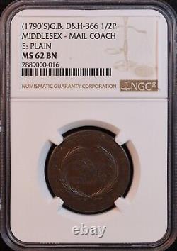 1790's Great Britain Middlesex Mail Coach Conder 1/2 Penny NGC MS62 DH-366