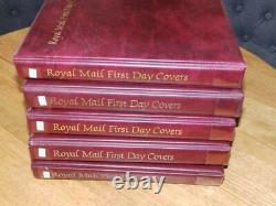 (6027) 300+ MODERN GB F. D. Cs IN 5 BURGUNDY ROYAL MAIL COVER ALBUMS