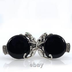 Black Onyx Silver Panther Earrings Set With Emeralds New From Ari D Norman