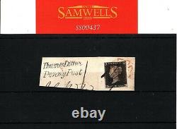 GB PENNY BLACK SG. 2 Plate 2 (HC) PEN CANCEL Thames Ditton Penny Post Piece SS437