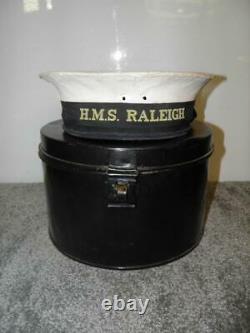 Post WW2 1945 Military Royal Navy H. M. S Raleigh Plymouth A. Elkins' Cap & Box