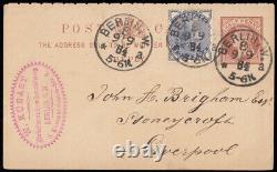 SG187 1884 ½d. Reply paid post card. Sent from Berlin to Liverpool