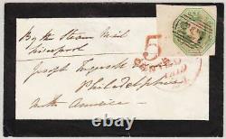 SG55 1847 1s. Green envelope from CATTERICK TO PHILADELPHIA By the Steam Mail